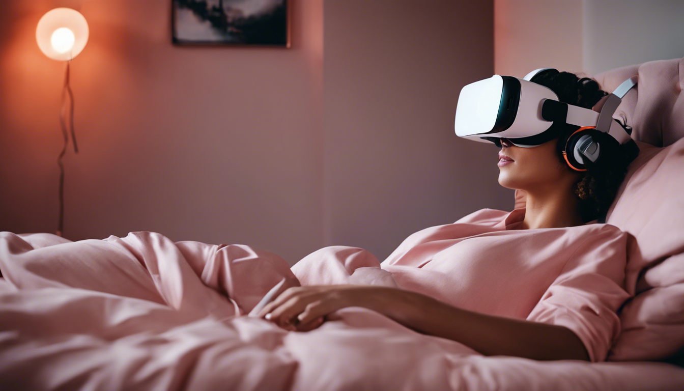 37115_A London bedroom A non-binary person wearing a VR_xl-1024-v1-0 | pleasurable A person lying on a bed wearing a VR headset