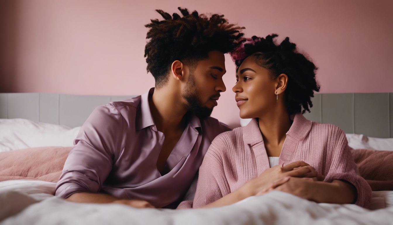 644059_Realistic image Open eyes clear eyes Clear open_xl-1024-v1-0 | pleasurable A man and woman sitting on a bed looking at each other