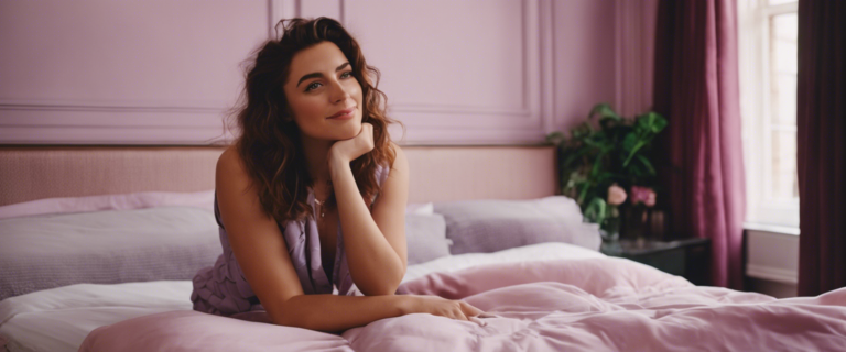 The image depicts a woman sitting on a bed in a bedroom. She is wearing lingerie and is surrounded by pillows and bedding. The setting appears to be a photo shoot with a focus on fashion and boudoir.