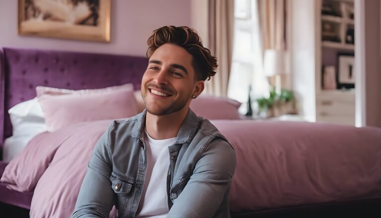 A man smiling, sitting next to a pink bed