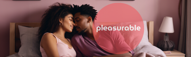 A couple on a bed with the pleasurable.net logo superimposed on top