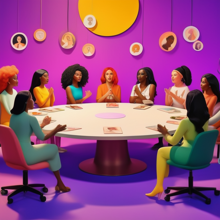 Illustration of animated women engaging in a fervent discussion, surrounded by feminist icons.