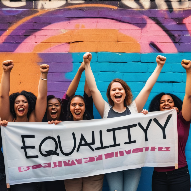 Illustration of empowered women of diverse backgrounds united for sexual diversity and feminism, with an artistic, spirited backdrop.