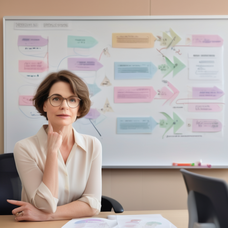 Illustration of a professional woman explaining Kaplan's model of sexual response in a cozy, book-lined office.