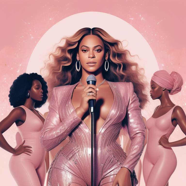 Illustration of Beyoncé singing confidently surrounded by empowered women, in shades of pink.