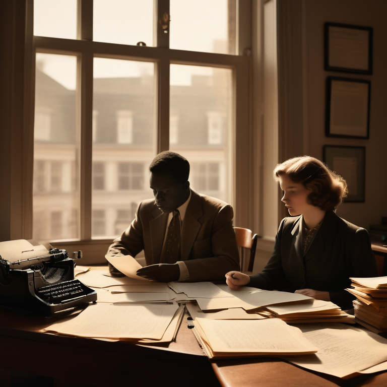 Vintage desk scene with a typewriter, research book, and silhouettes of two figures analyzing a chart.