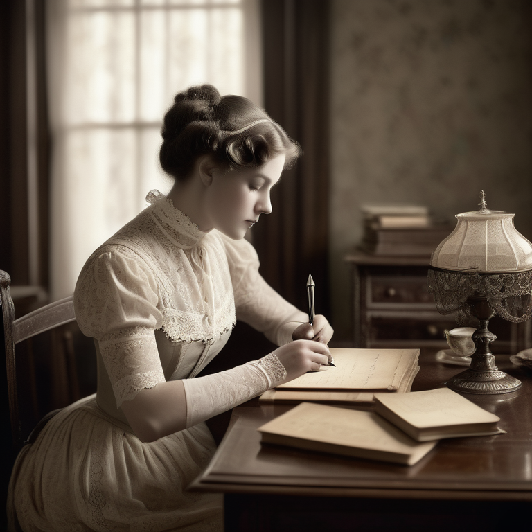 Early 20th-century woman writing a letter at a desk, embodying a mix of intellect and femininity.