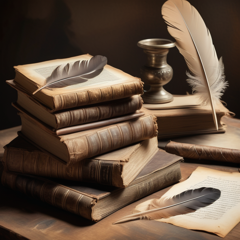 Antique books on women's sexuality with a quill and ink on a wooden desk, in a historical setting.