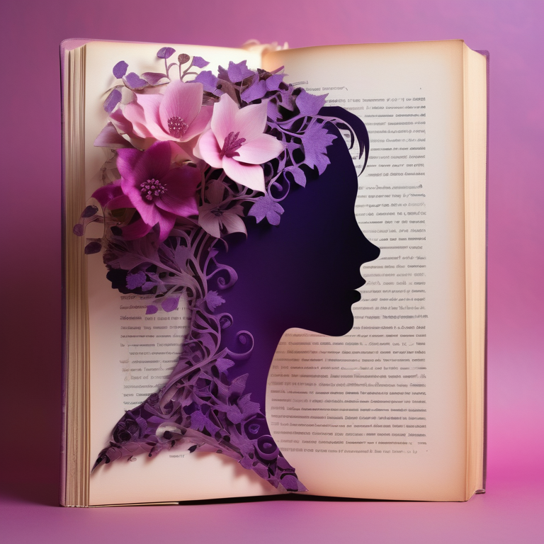 A book with pages transforming into a confident woman's profile amid a passionate pink and purple background.