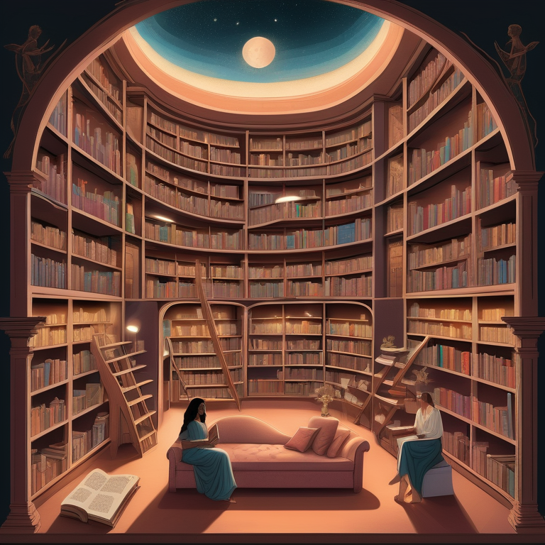 Illustration of a tranquil library within a Venus symbol, filled with readers and books on female sexuality.