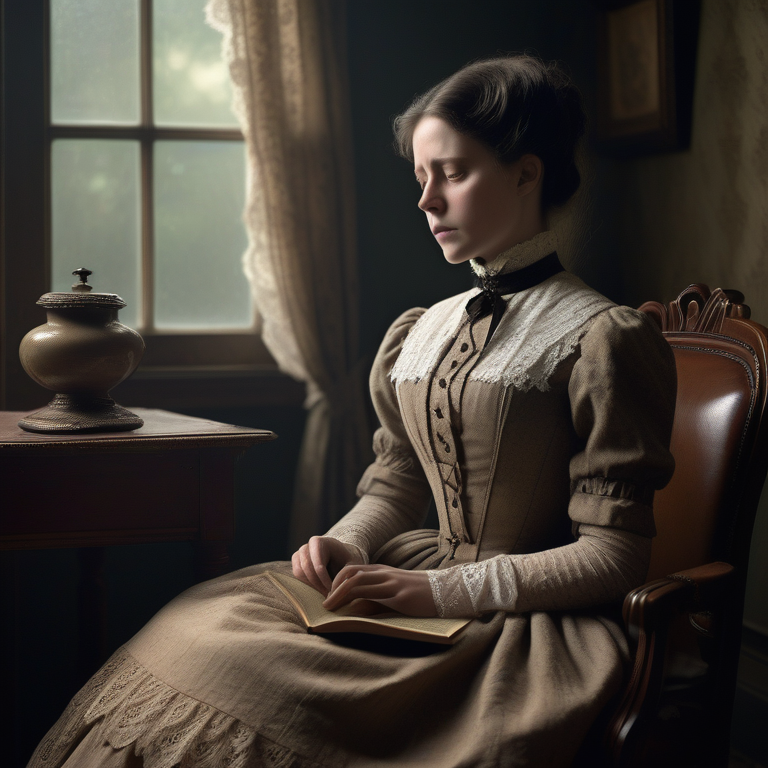 Victorian woman holding a book, lost in thought by a window in a dimly lit room.