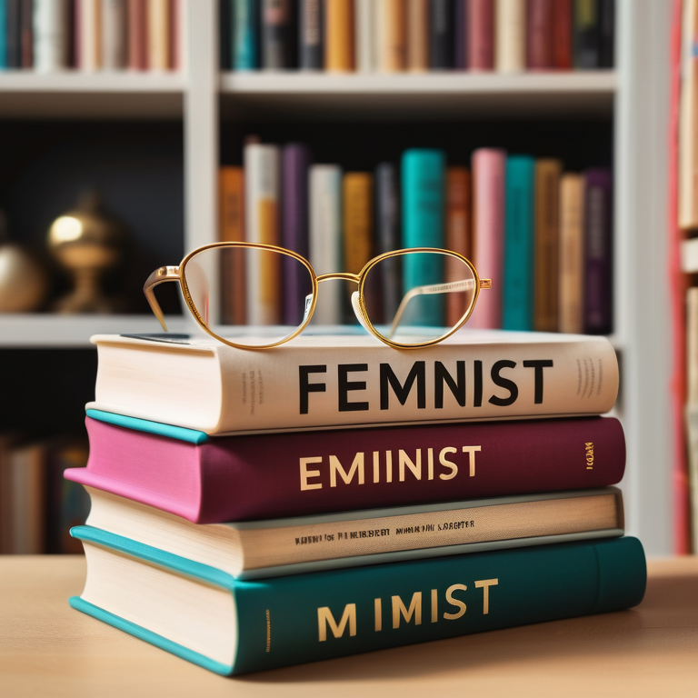 Round glasses on an open book about feminism, with a shelf of books on women's sexuality in the background.