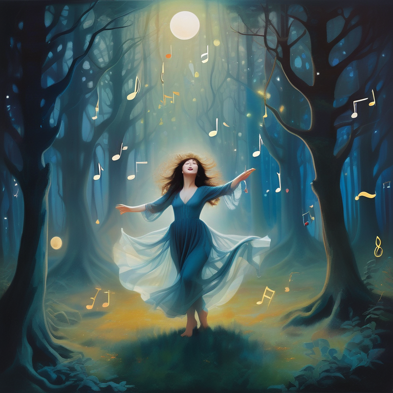 Illustration of Kate Bush dancing amid abstract musical notes and figures in a moonlit forest, depicting sexual expression.