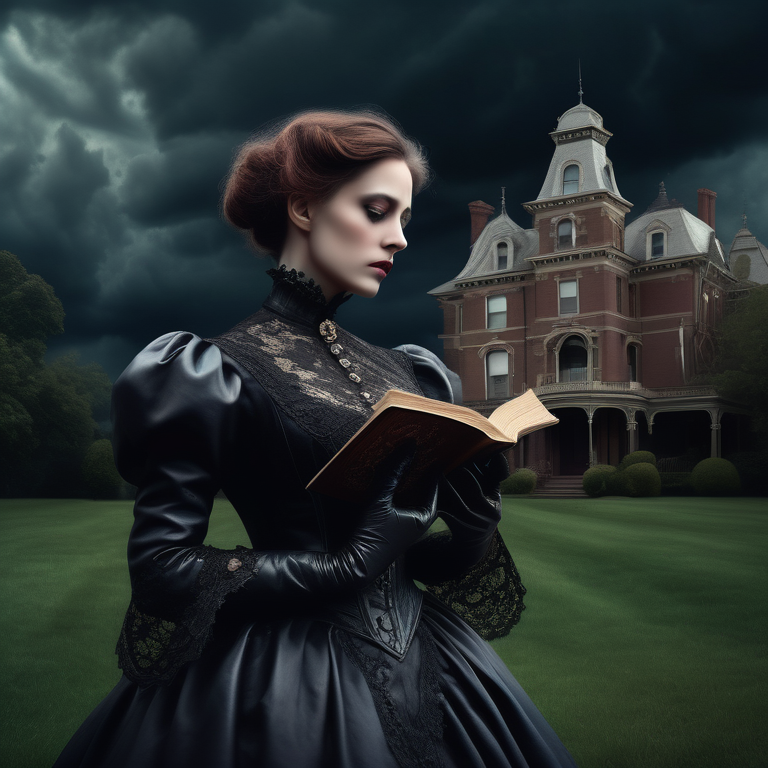 Victorian lady with a book in front of a mansion under a brooding sky, exuding an enigmatic allure.