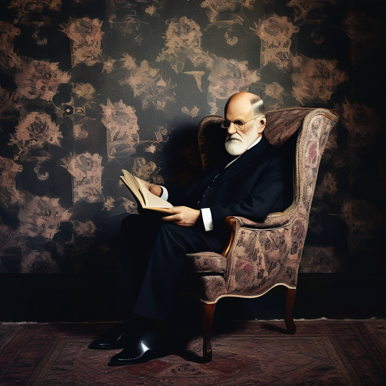 Sigmund Freud sitting in an armchair with a psychology book, contemplating amidst feminine symbols.