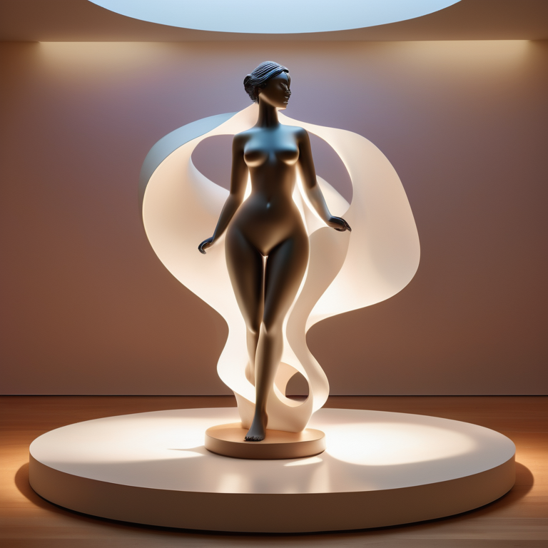 Animated sculpture of a female figure symbolizing women's sexuality, highlighted by warm spotlights in a museum.