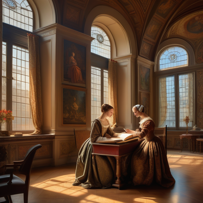 A woman in historical dress writing thoughtfully in a book, surrounded by Renaissance decor and soft lighting.