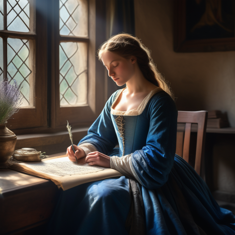 A medieval woman reflects on her writing by a sunlit window, surrounded by ink and herbs.