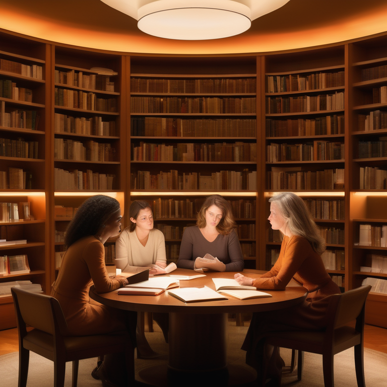 Three women study women's sexuality research in an inviting, warmly lit library.