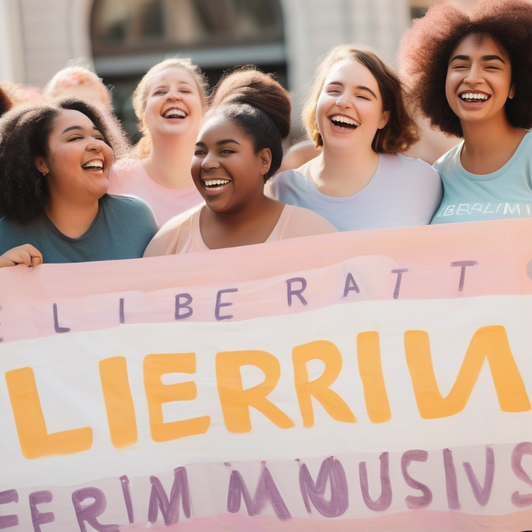 Illustration of smiling women united at a peaceful rally supporting liberal feminism and sexual autonomy.