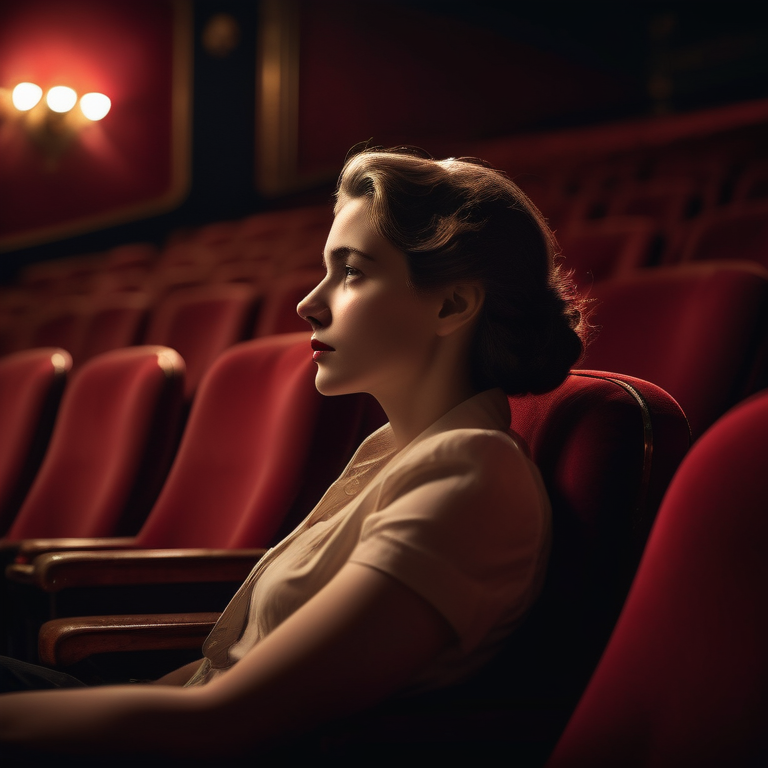 Woman sitting alone in a theater, reflecting deeply with a vintage ambiance.