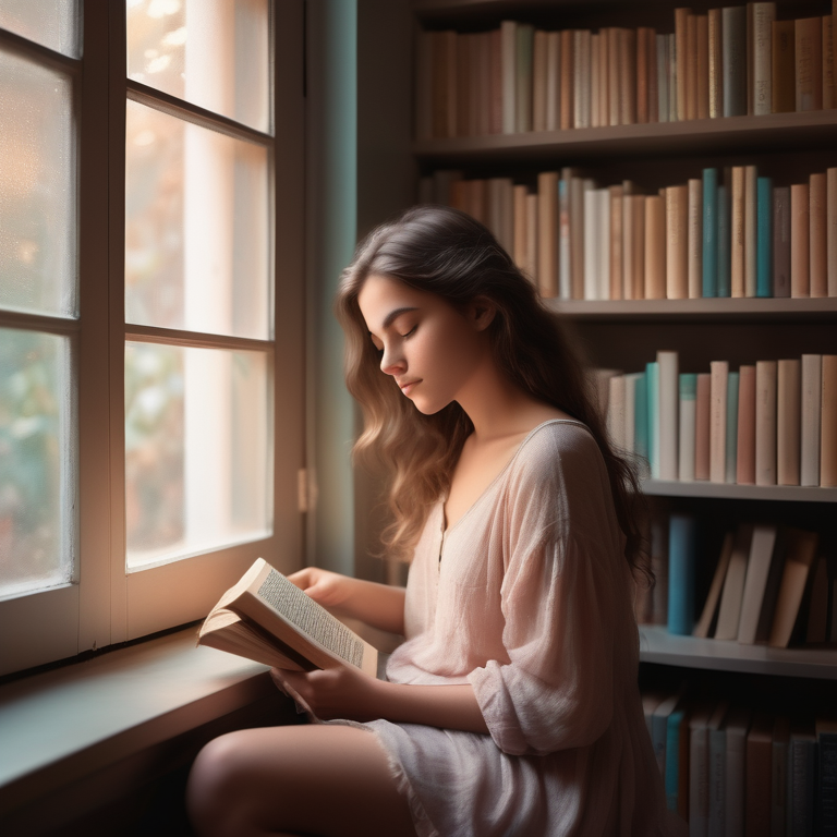 A young woman engrossed in a book, surrounded by feminist symbols and soft pastel colors in a library setting.