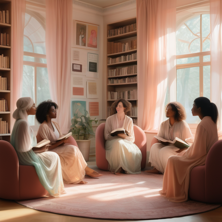 Animated representation of women of various backgrounds discussing literature in a cozy, pastel-toned library setting.