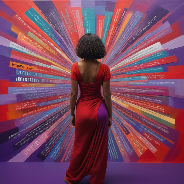 Abstract image of a woman amidst bold colors and flowing novel texts, symbolizing female sexuality and solidarity.