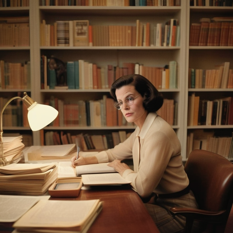 Virginia Johnson intently studies research papers at a desk in a warmly lit vintage study.