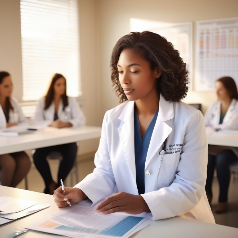 A doctor educating a group of attentive women on sexual health in a sunny, welcoming clinic.