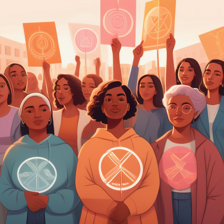 Illustration of women united at a gender equality rally, holding symbols of sexuality amidst hopeful ambiance.