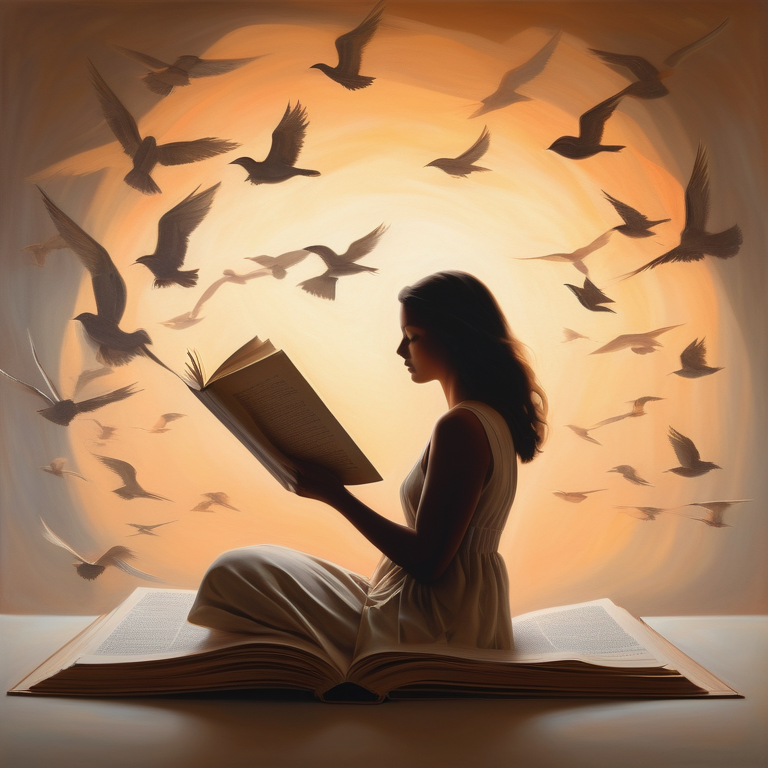 Silhouette of a woman holding an open book with pages transforming into birds, conveying liberation and empowerment.