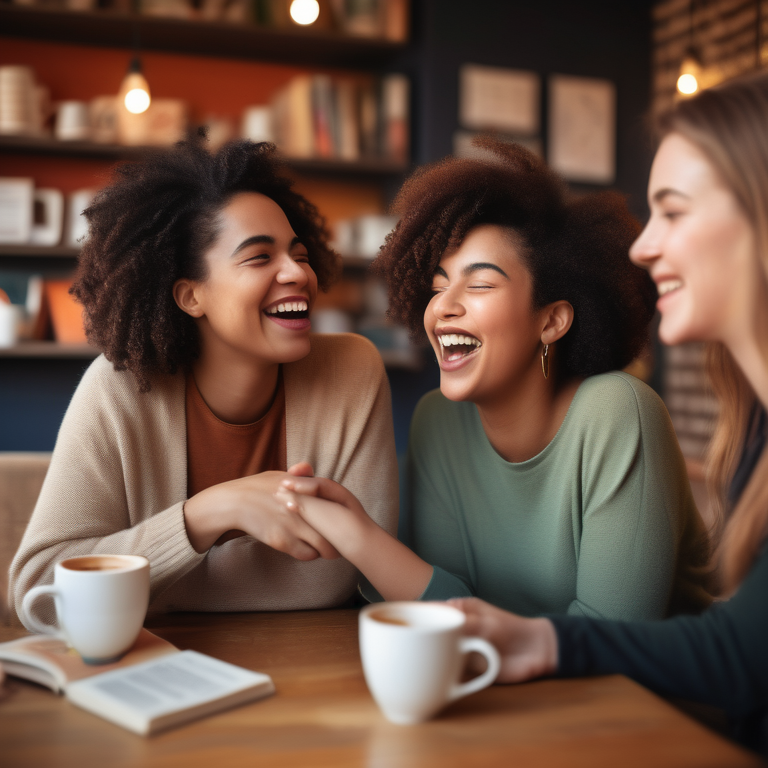 Three diverse women talking enthusiastically about women's empowerment in a cozy coffee shop setting.