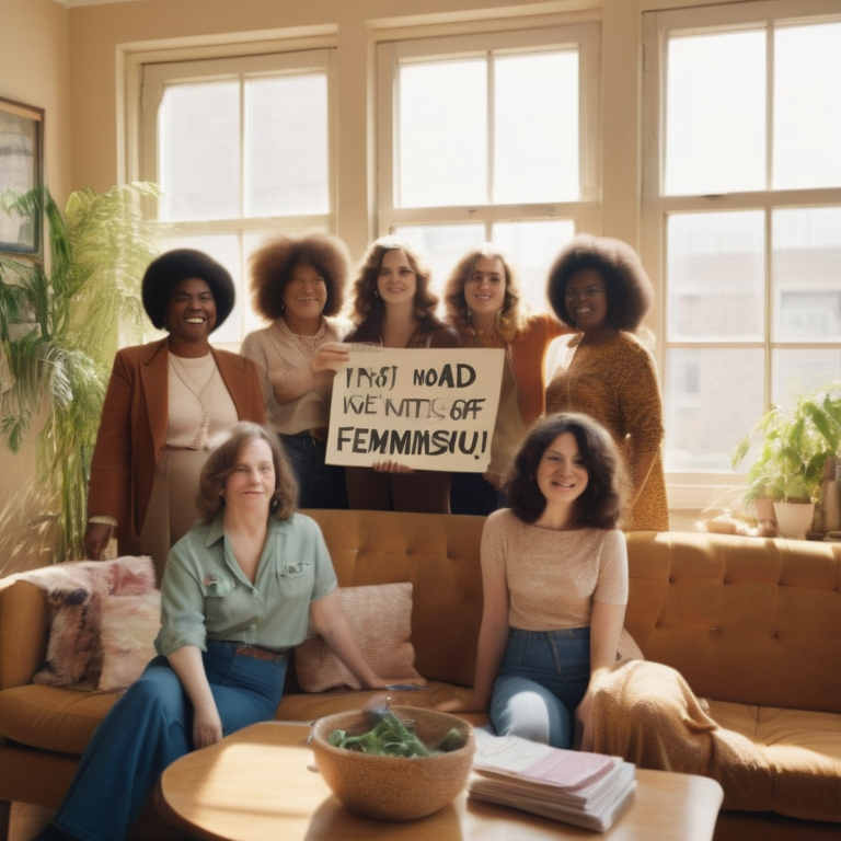 Diverse women holding feminist placards in a sunny, 1970s-themed living room expressing unity.