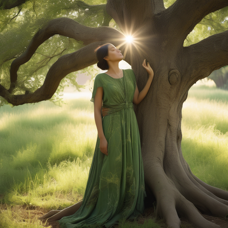 A woman in a green dress symbolizes ecofeminism, embraced by a tree under dappled sunlight with a serene expression.