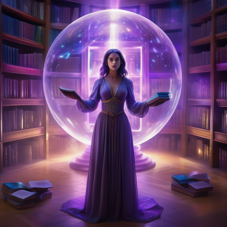 Woman in a glowing, futuristic library gazes intently at a pulsating cosmic orb.