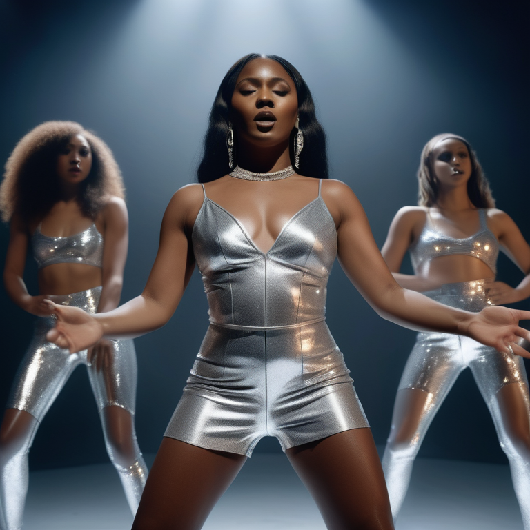 Female musician in sparkling attire commands a vibrant, all-women band on a moody music video set.