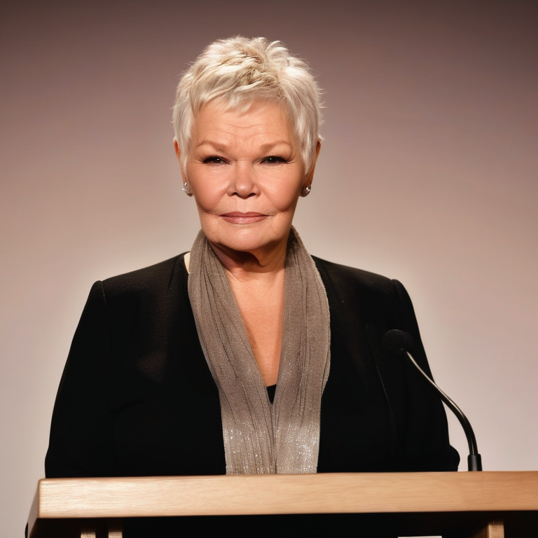 Judi Dench speaks at a lectern labeled "Empowerment" radiating leadership.