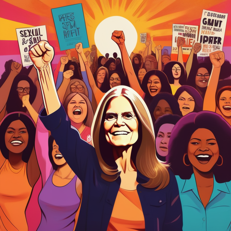 Gloria Steinem with a raised fist, surrounded by women with liberation signs, conveying hope and unity.