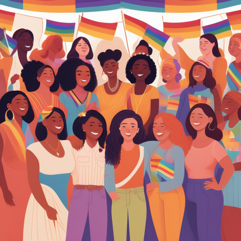 A group of diverse women representing various LGBTQ+ identities, surrounded by pride flags and engaging warmly with each other.