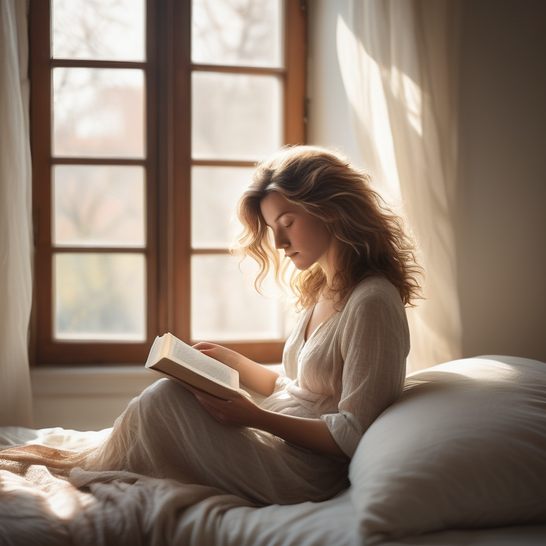 A woman reads about female sexuality in a sunlit, tastefully furnished bedroom, exuding calmness.