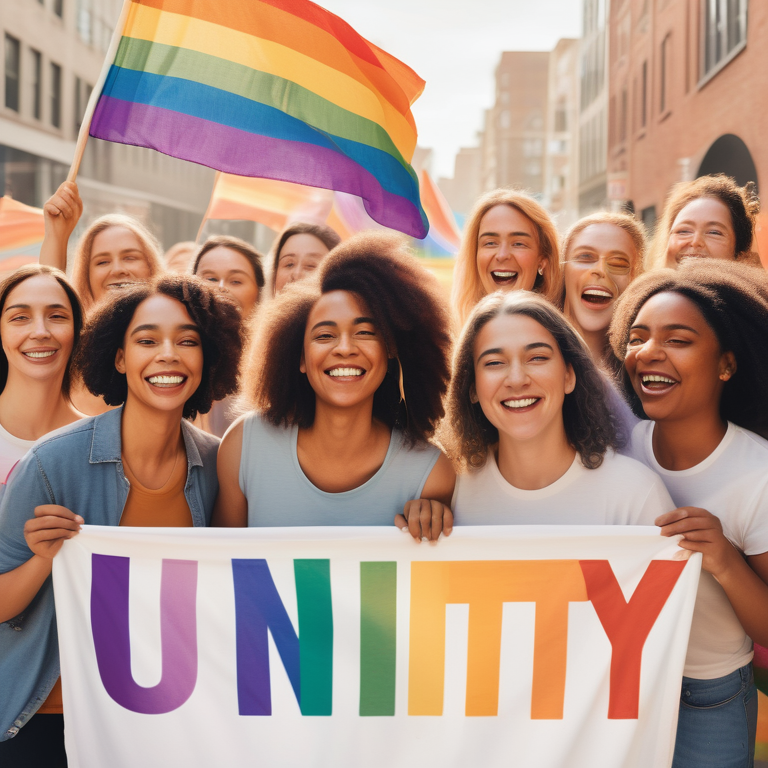 Illustration of joyful women under a "Unity in Diversity" banner with rainbow flags, embodying LGBTQ+ pride.