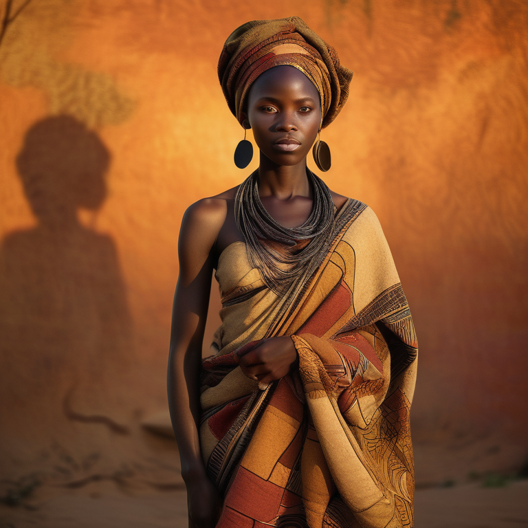 African woman in traditional attire exudes confidence against a symbolic, earth-toned backdrop.