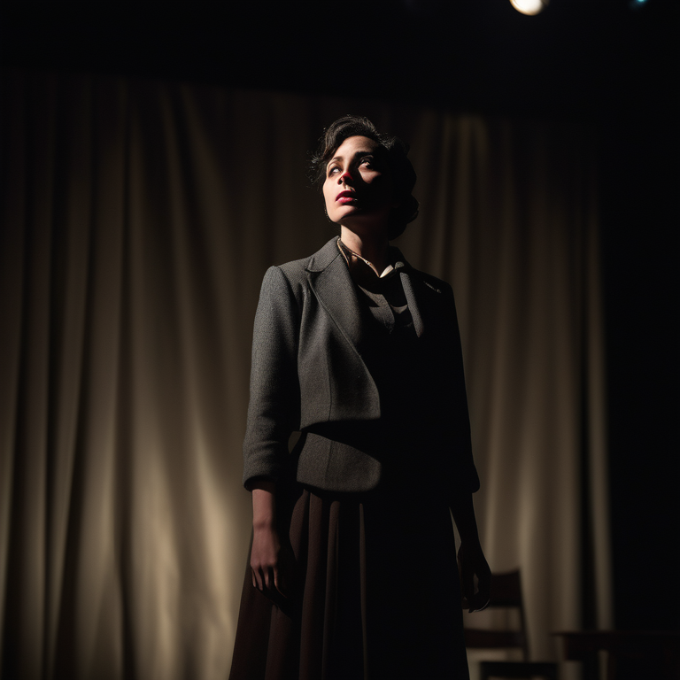 Female protagonist delivering a soliloquy on a dimly lit stage, reflecting drama and intensity.