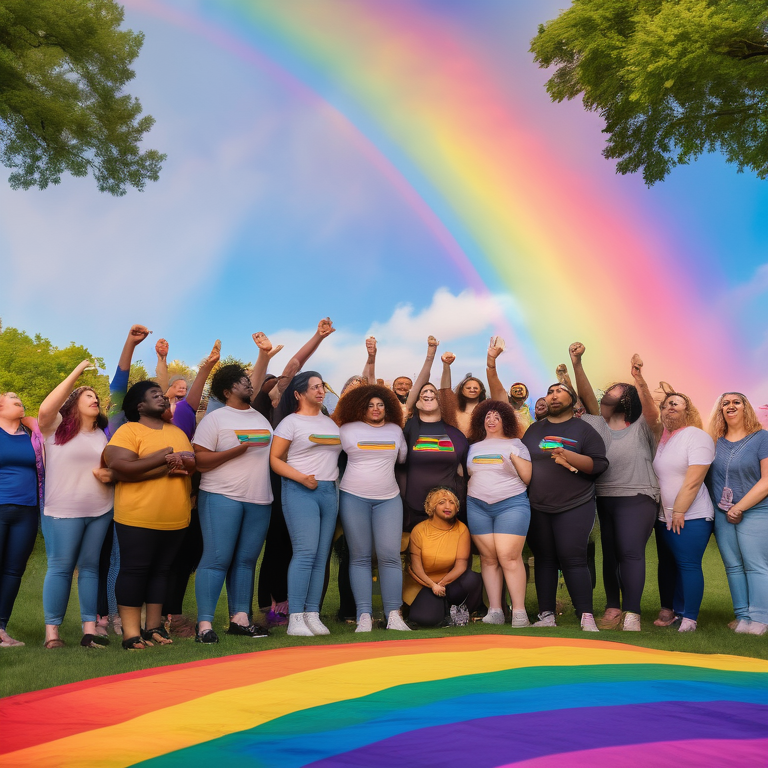 A diverse LGBTQ+ group united under a rainbow in a park, symbolizing solidarity and inclusiveness.