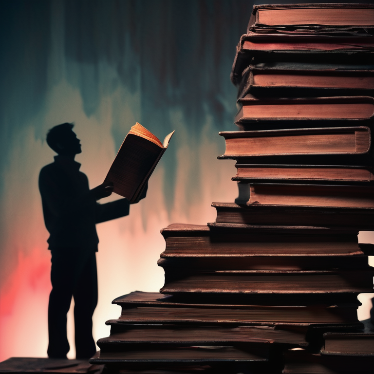 Silhouette with a mirror against a backdrop of aged books, under a red-hued shadowy light.