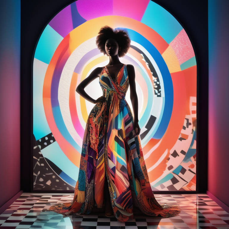 Woman in a colorful dress representing fashion's role in shaping sexual identity, with a fragmented mirror background.