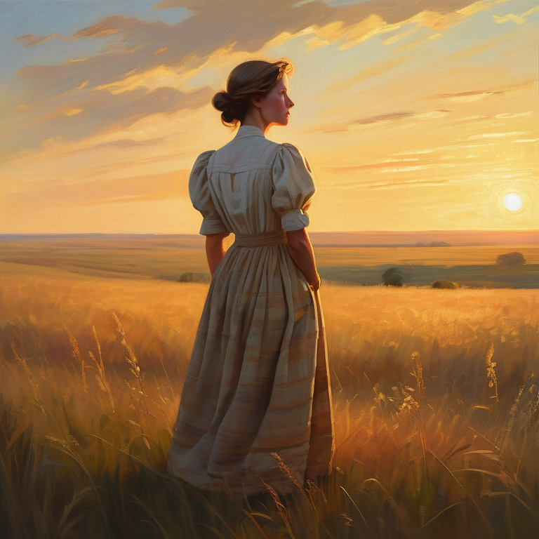 A woman in early 1900s attire stands thoughtfully on a prairie, symbolizing strength and independence.