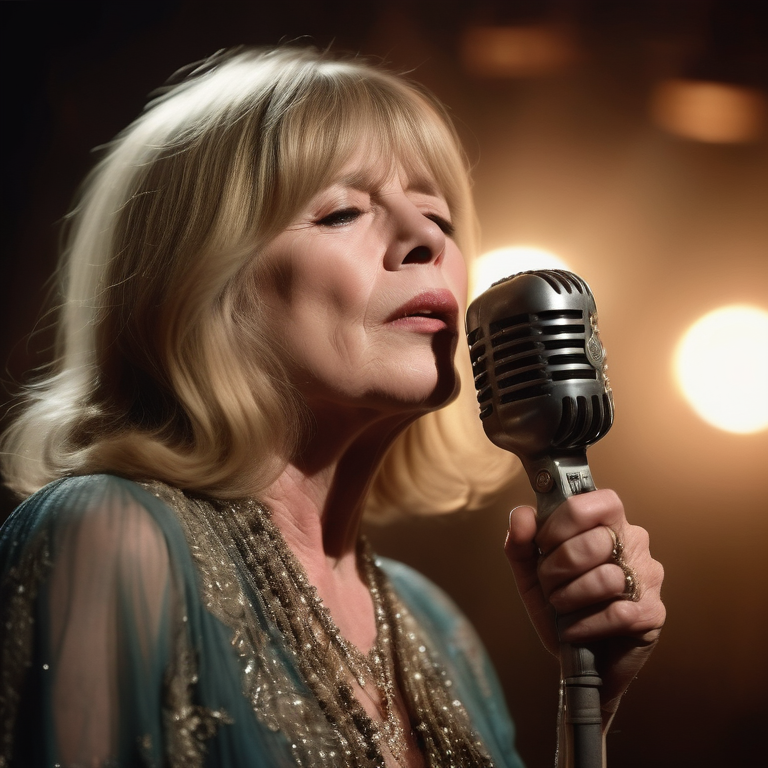 Marianne Faithfull singing on stage with warm light accents and an abstract bohemian background.