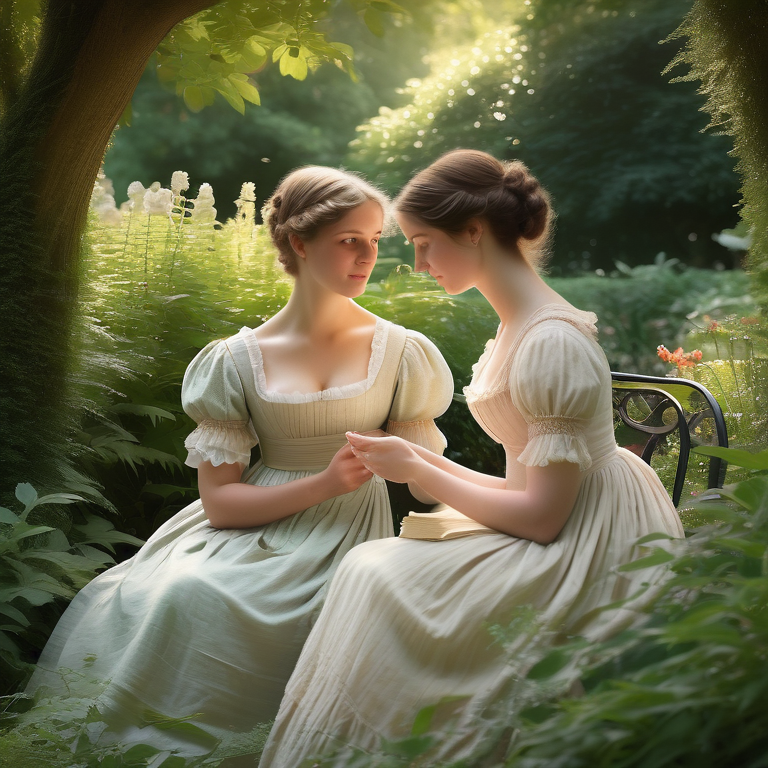 Two women in Regency attire converse in a sun-dappled garden, embodying a scene from a Jane Austen novel.